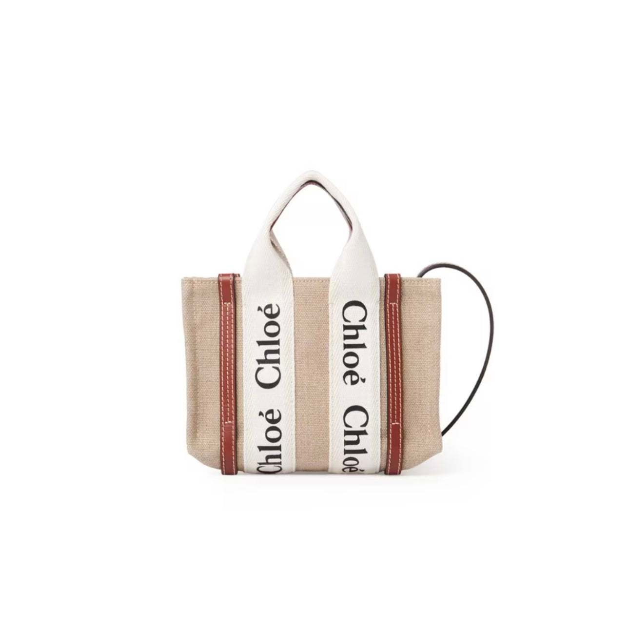 Mini Woody tote bag in linen Brown