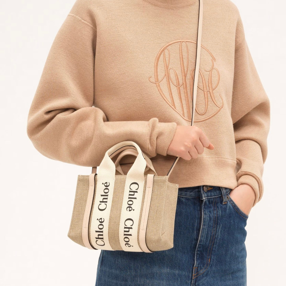 Mini Woody tote bag in linen Cement Pink